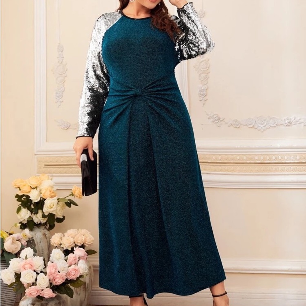 Plus Sequins Sleeve Ruched Glitter Dress